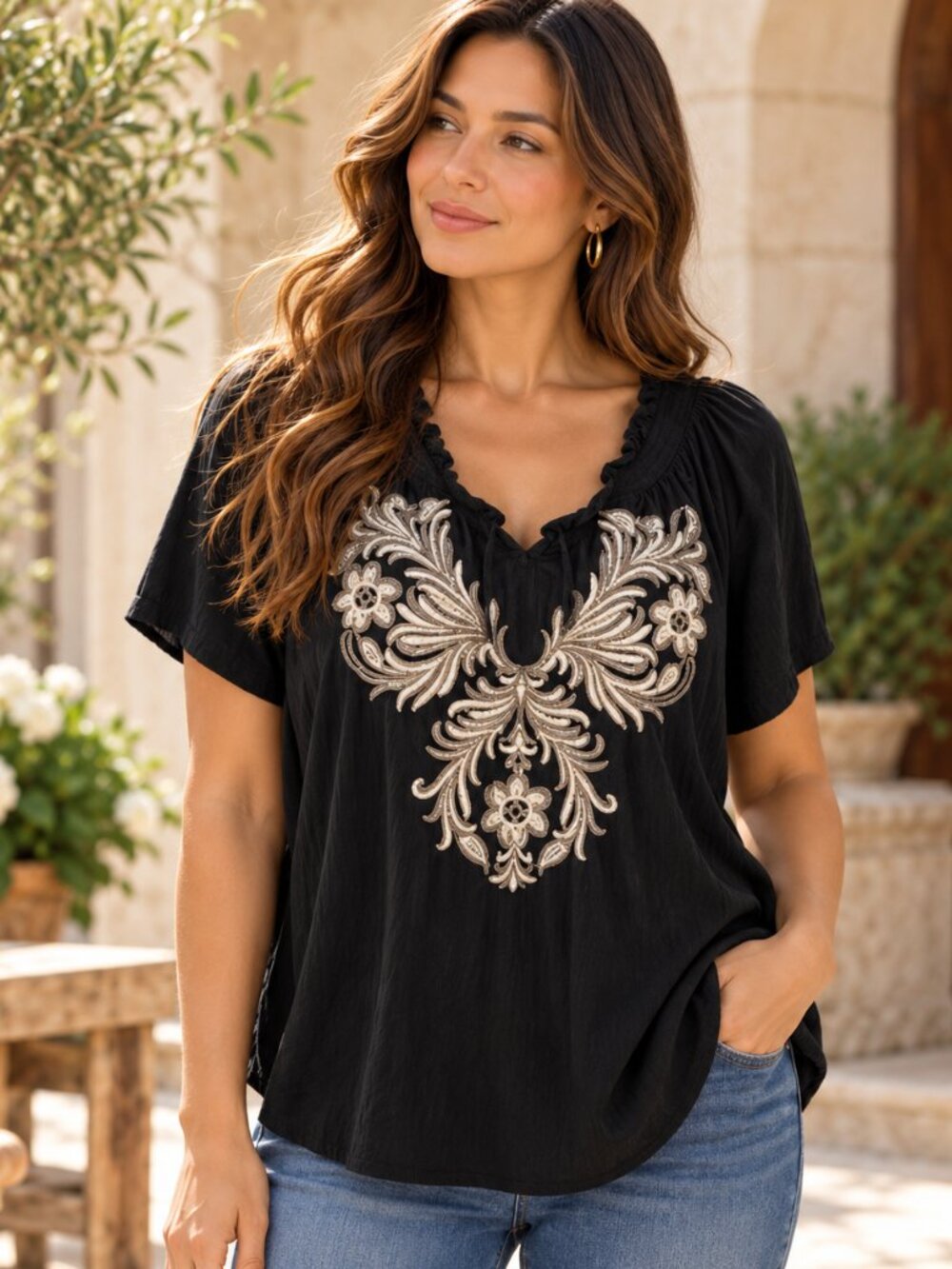 Style & Co Womens L Black Embroidered Boho Blouse Short Sleeve Peasant Top